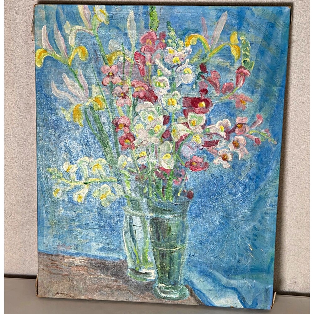 Vintage Original Floral Still Life Vase Painting on Canvas Unframed 20x16 in